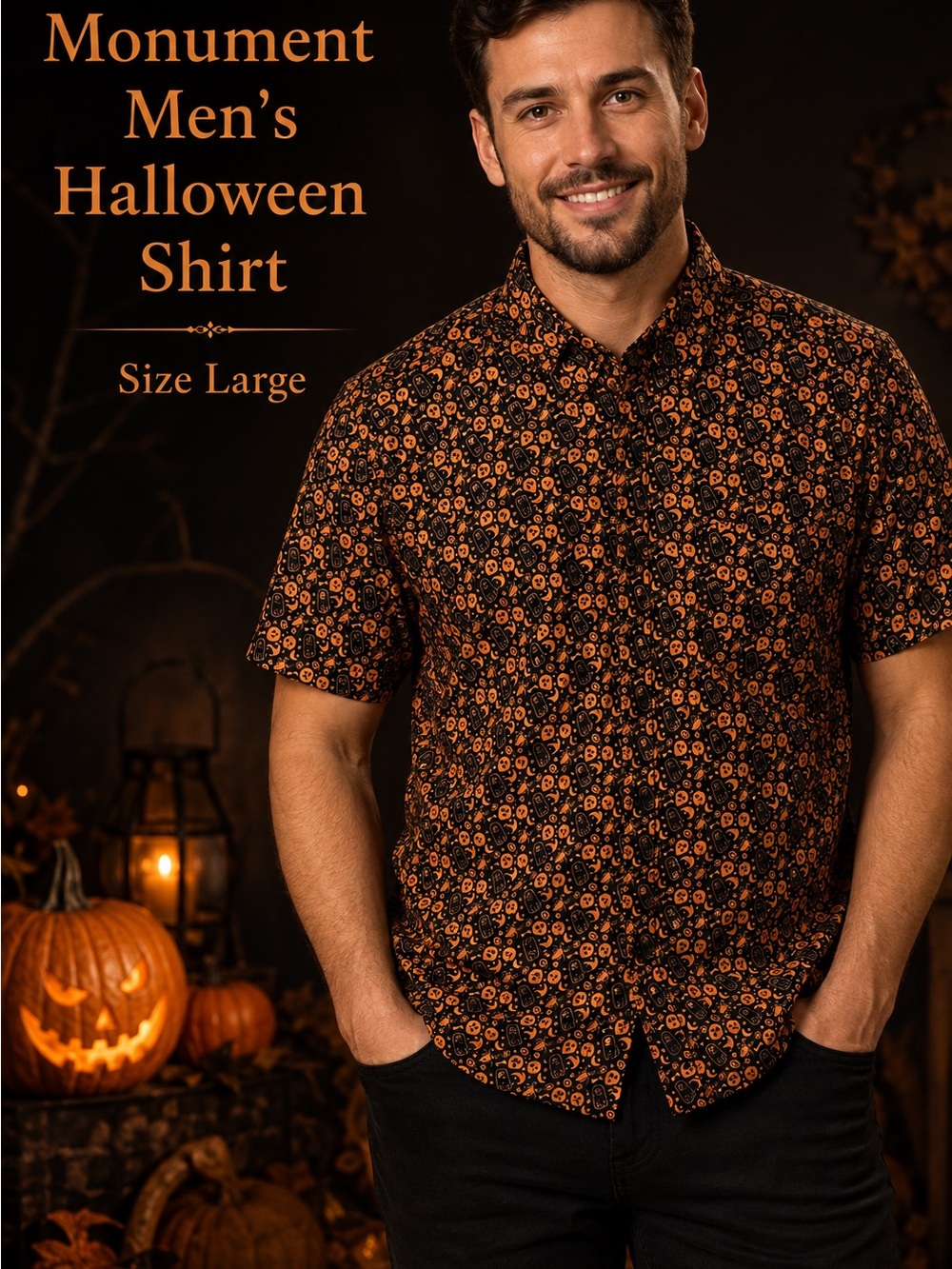 Monument Men's Halloween Short-Sleeve Button-Down Shirt - Black & Orange
